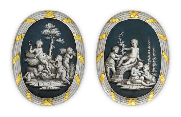 antique,period,grisaille,painting,putti,cherubs,seasons,spring,summer,pair,oval,france,marble,bronze,sandstone,relief,sculptor,sculpture