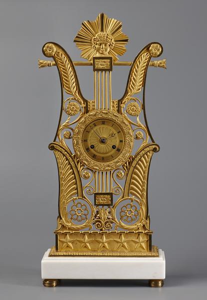 antique,mantel clock,timepiece,pendule,lyre,form,france,giltbronze,ormolu,clock,cartel clock,longcase clock,floor clock,tall case clock,grandfather clock,bracket clock