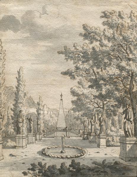 Josua de Grave,drawing,garden,amsterdam,golden age,baroque,obelisk,fountain,Drawings,pen,brush